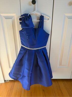 Royal Blue Girls' Satin Party Dress with Rhinestone Belt - size 7